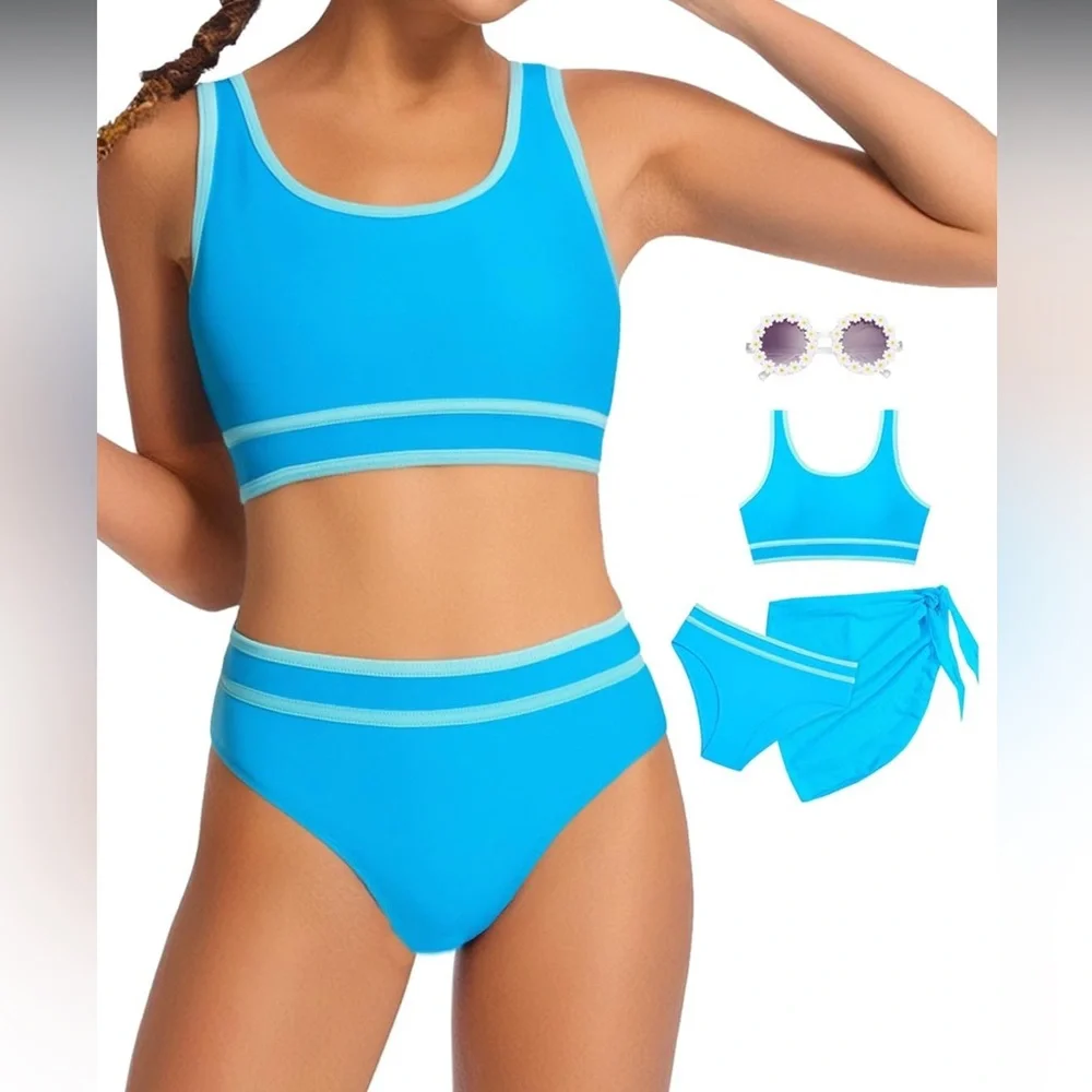 Teen Girls Swimsuit High Waist Sporty Bikini Bathing Suits with Cover Up Skirt